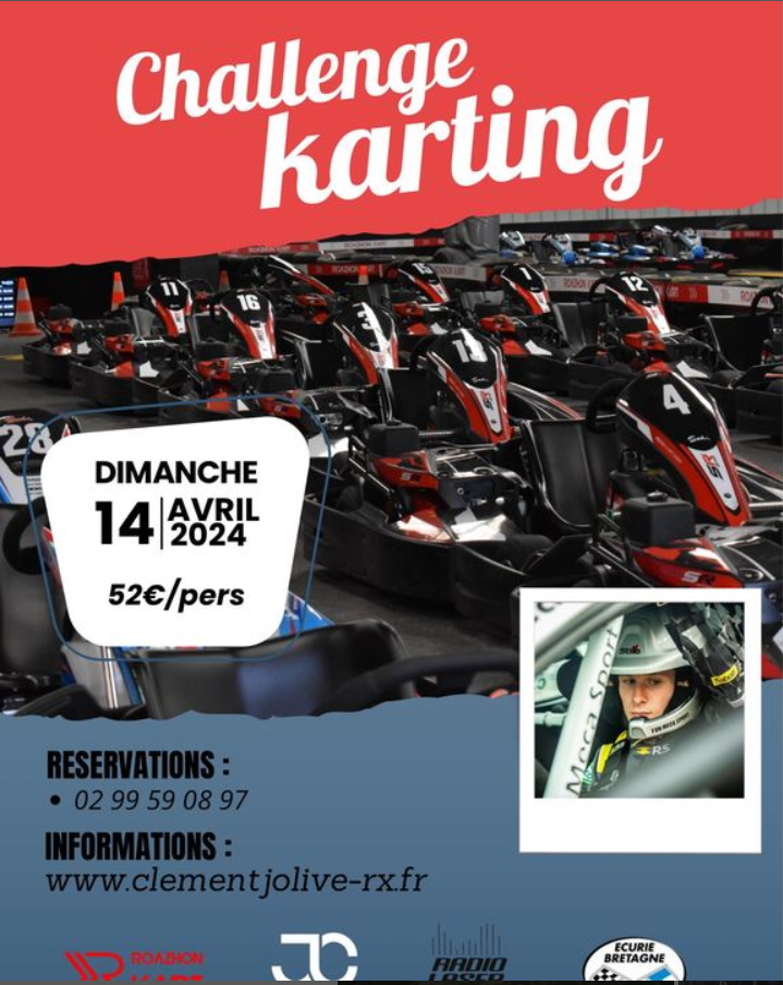 Affiche de l'évènement reprenant les informations ayantr pour fond les kartings du Roazhon Kart alignés.